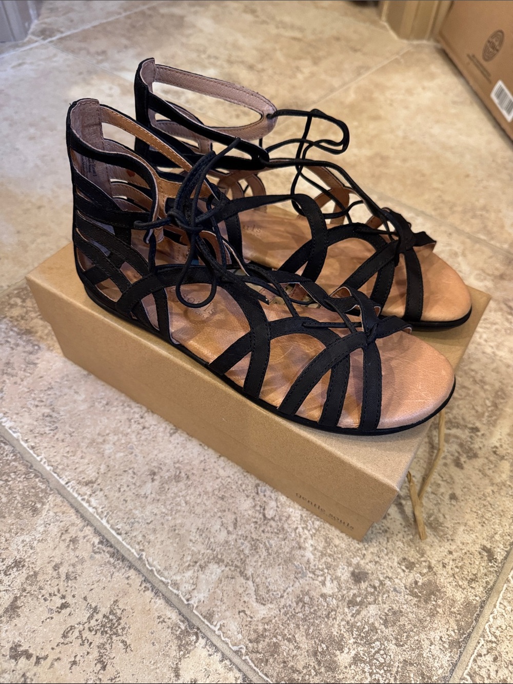 gentle souls Black Lace-Up Gladiator Sandals